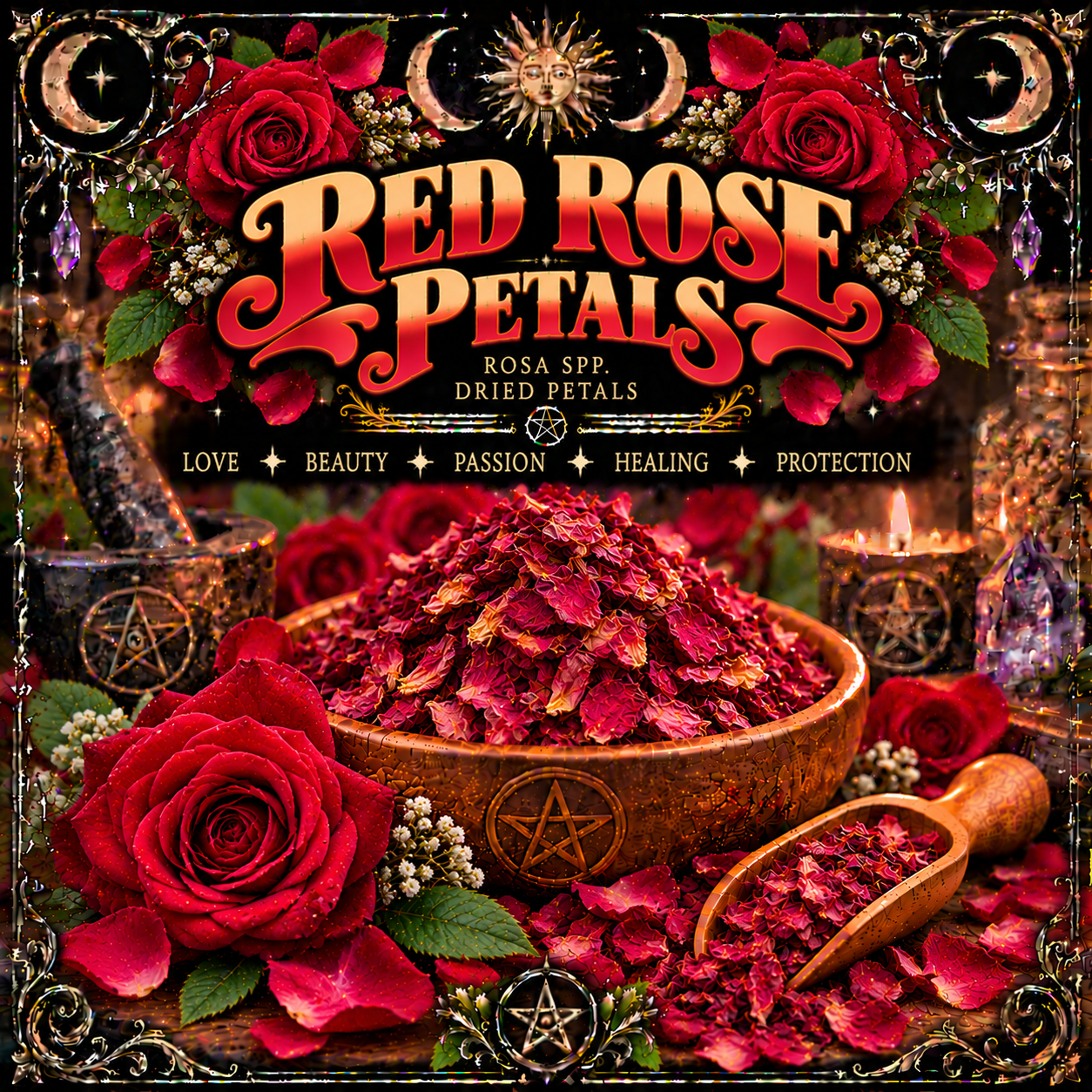 Illustration labelled Red Rose Petals, showing dried red petals in a wooden bowl with roses