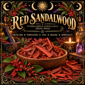 Illustration labelled Red Sandalwood, showing red wood pieces in a bowl
