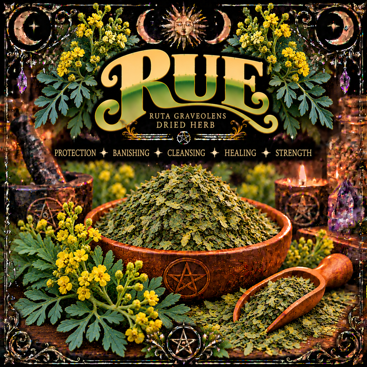 Illustration labelled Rue, showing dried leaves in a wooden bowl with yellow flowers
