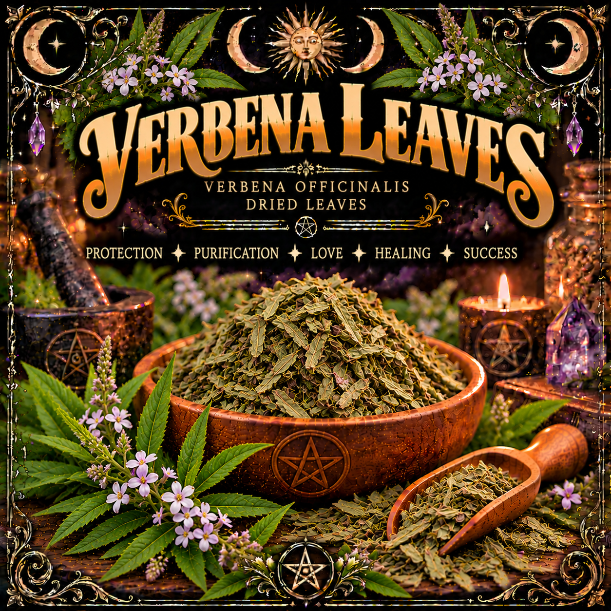 Illustration labelled Verbena Leaves, showing dried leaves in a wooden bowl with pale purple flowers