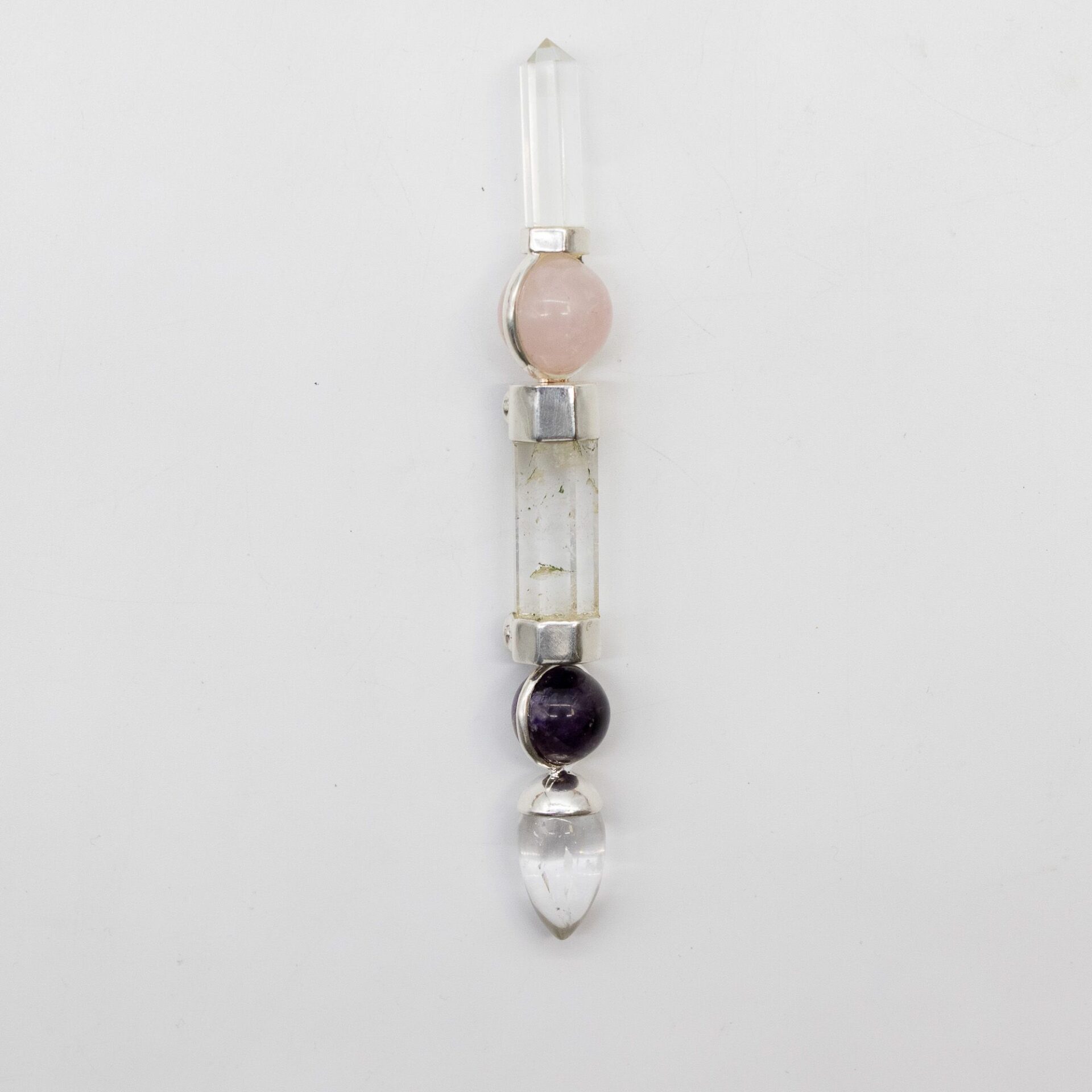 Axis of Grace Wand - Amethyst & Rose Quartz Spheres, Quartz Stem - 12cm - Image 2