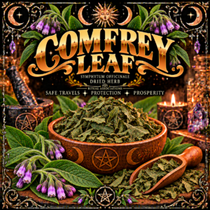 Black-and-gold botanical illustration labelled Comfrey Leaf (Symphytum officinale), showing dried leaves in a bowl with leafy stems and purple flowers.