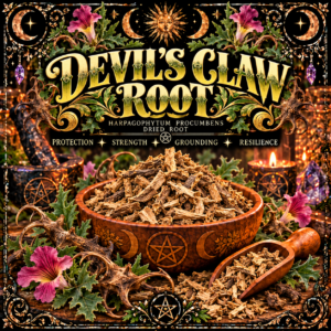 Illustration labelled Devil’s Claw Root, showing dried root pieces in a bowl