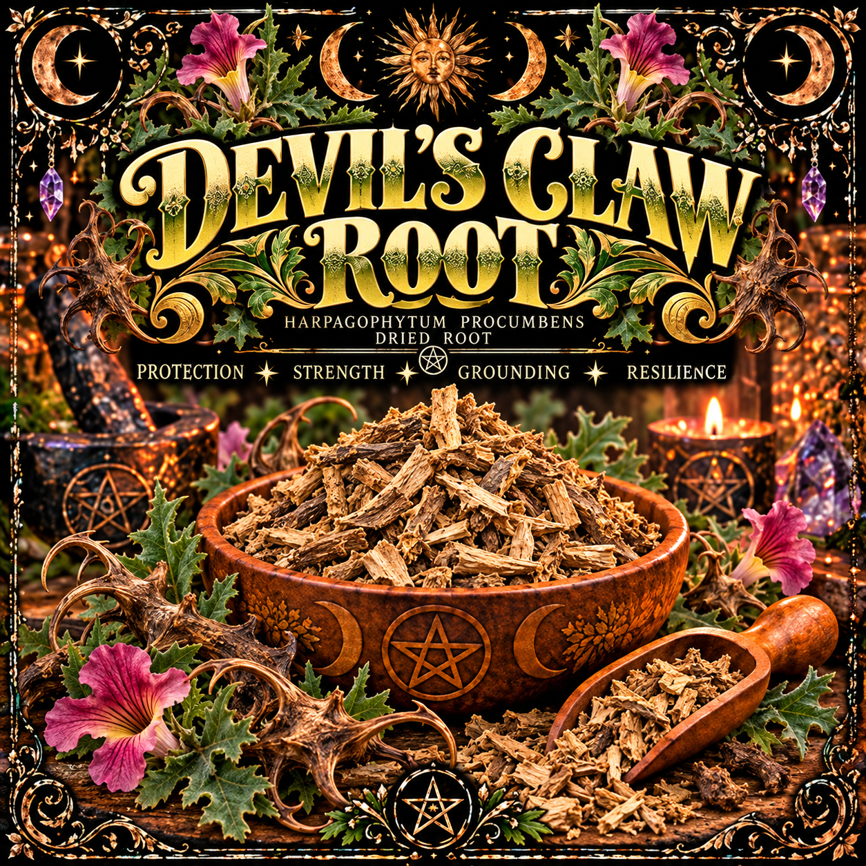 Illustration labelled Devil’s Claw Root, showing dried root pieces in a bowl