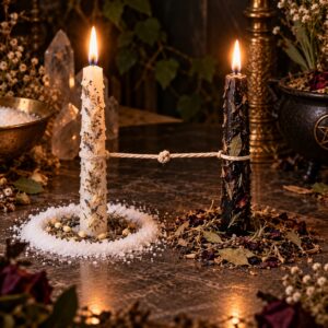Styled illustration of lit white and black candles tied with cord, surrounded by herbs and salt. Unsafe burning arrangement: do not recreate; decorative props not included.