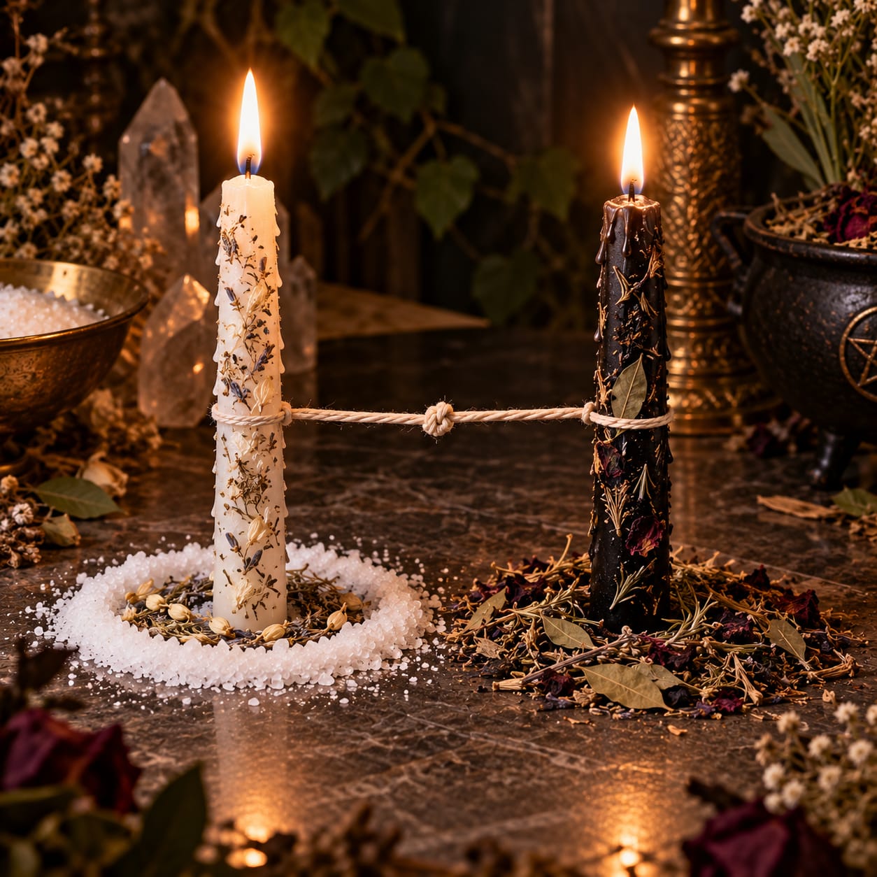 Styled illustration of lit white and black candles tied with cord, surrounded by herbs and salt. Unsafe burning arrangement: do not recreate; decorative props not included.