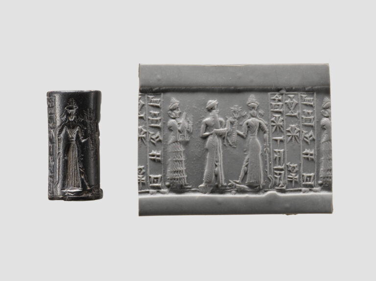 An Old Babylonian cylinder seal beside a modern rolled impression showing figures approaching Ishtar and columns of cuneiform.