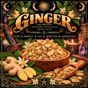 Illustration labelled Ginger, showing dried pieces in a bowl and scoop