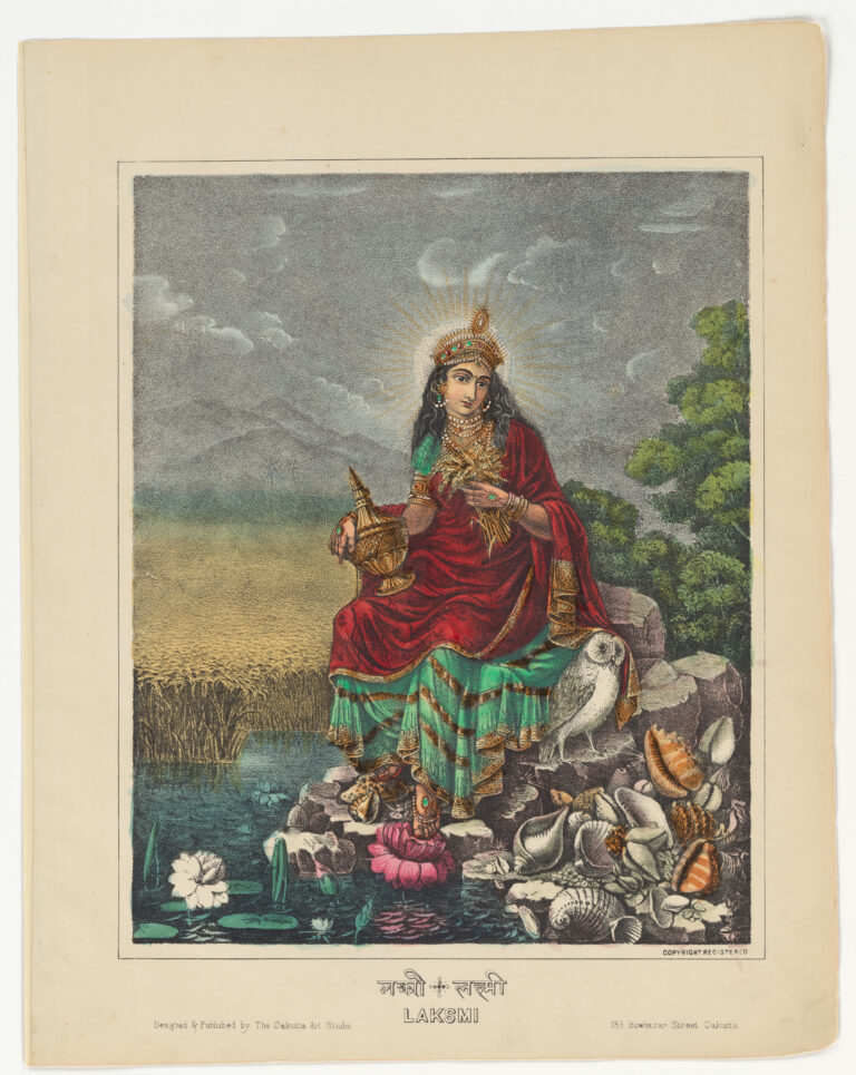 Nineteenth-century Bengali lithograph of Lakshmi seated beside an owl, with ripened rice, water, flowers and shells.