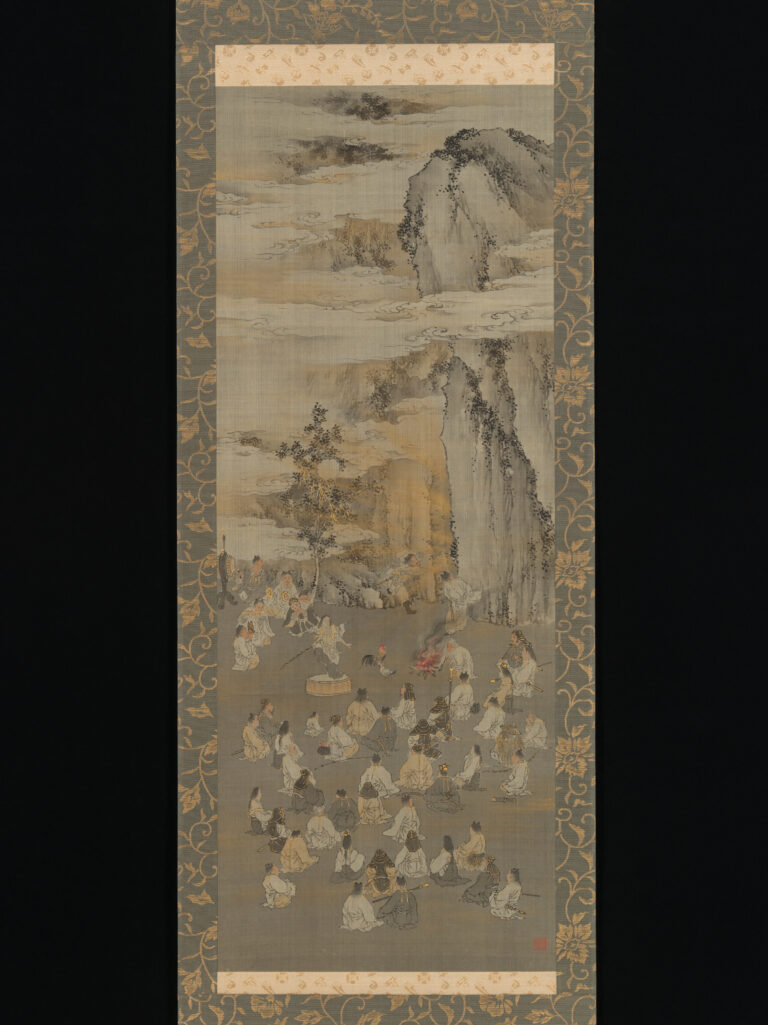 Kōno Bairei hanging-scroll painting of assembled kami making music below the rocky cave of the sun goddess Amaterasu.
