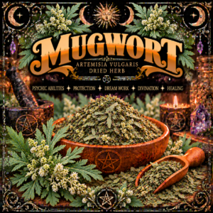 Illustration labelled Mugwort, showing dried herbs in a bowl and scoop