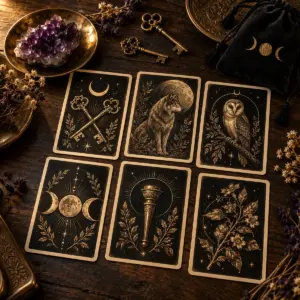 Black and gold oracle cards with key, moon, wolf, owl and botanical symbols beside brass keys and amethyst.