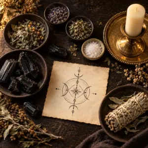 Black tourmaline, herbs, salt and a protection sigil beside an unlit candle and sage bundle.