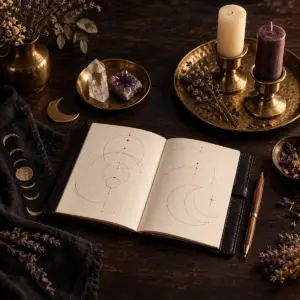 Open intention journal with abstract moon markings, crystals and two unlit candles in brass holders.