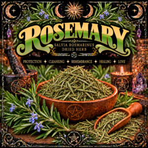 Illustration labelled Rosemary, showing needle-like dried leaves in a bowl and scoop