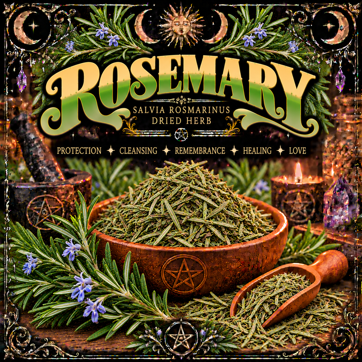 Illustration labelled Rosemary, showing needle-like dried leaves in a bowl and scoop