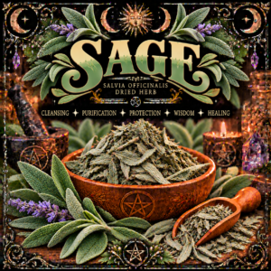 Illustration labelled Sage, showing dried leaves in a bowl and scoop