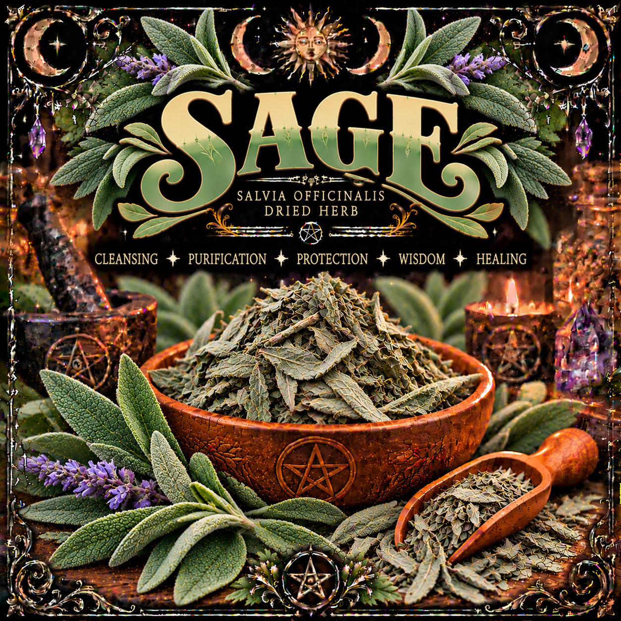 Illustration labelled Sage, showing dried leaves in a bowl and scoop