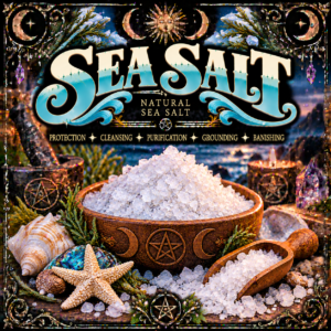 Illustration labelled Sea Salt, showing white crystals in a bowl and scoop