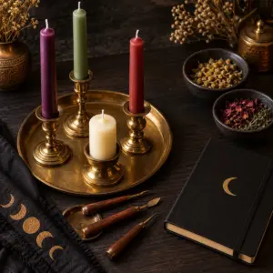 Unlit colourful spell candles in brass holders with separate herb bowls, crafting tools and a moon journal.