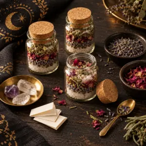 Glass spell jars layered with salt, herbs and rose petals beside crystals, a brass spoon and blank intention papers.