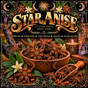 Illustration labelled Star Anise, showing star-shaped pods in a bowl and scoop
