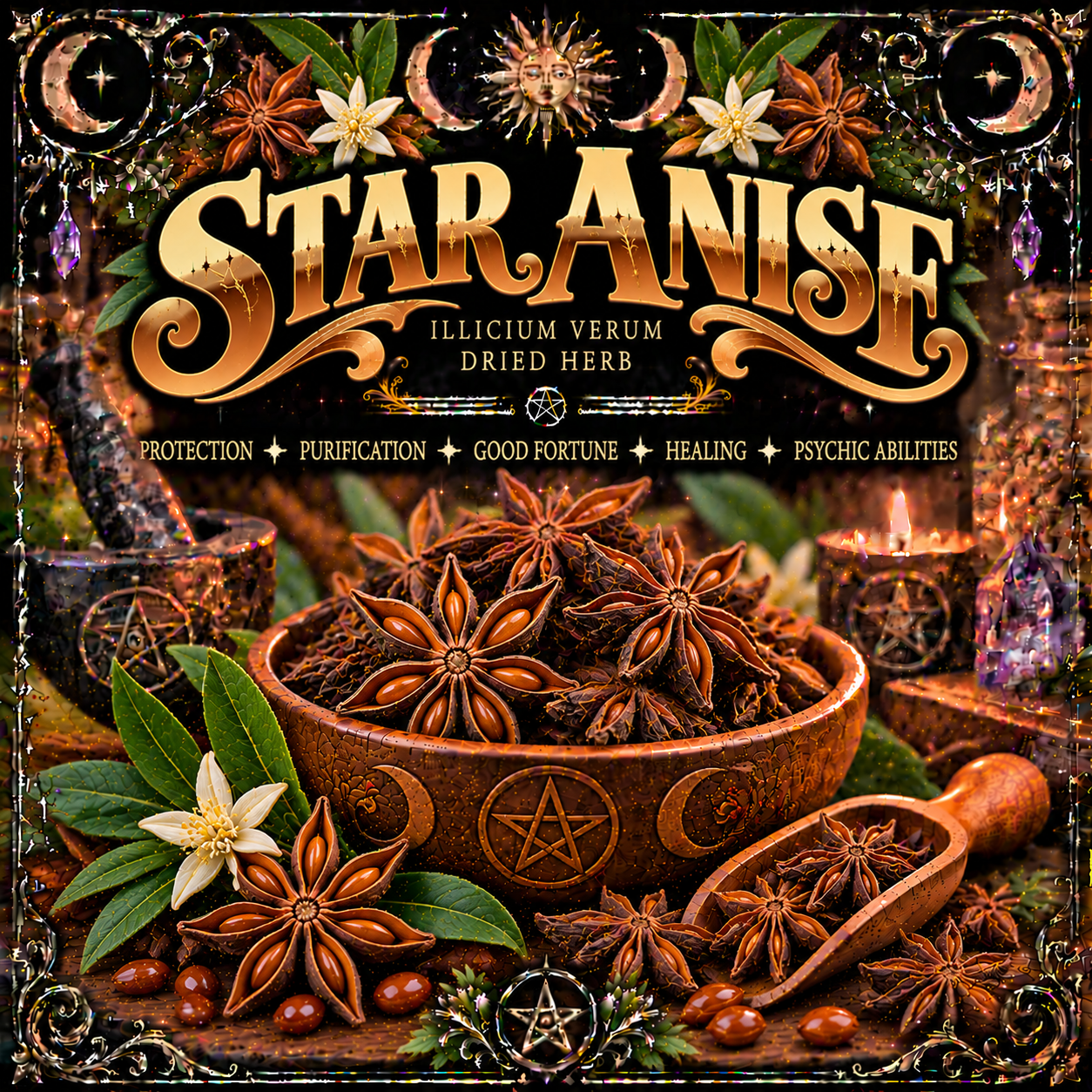 Illustration labelled Star Anise, showing star-shaped pods in a bowl and scoop