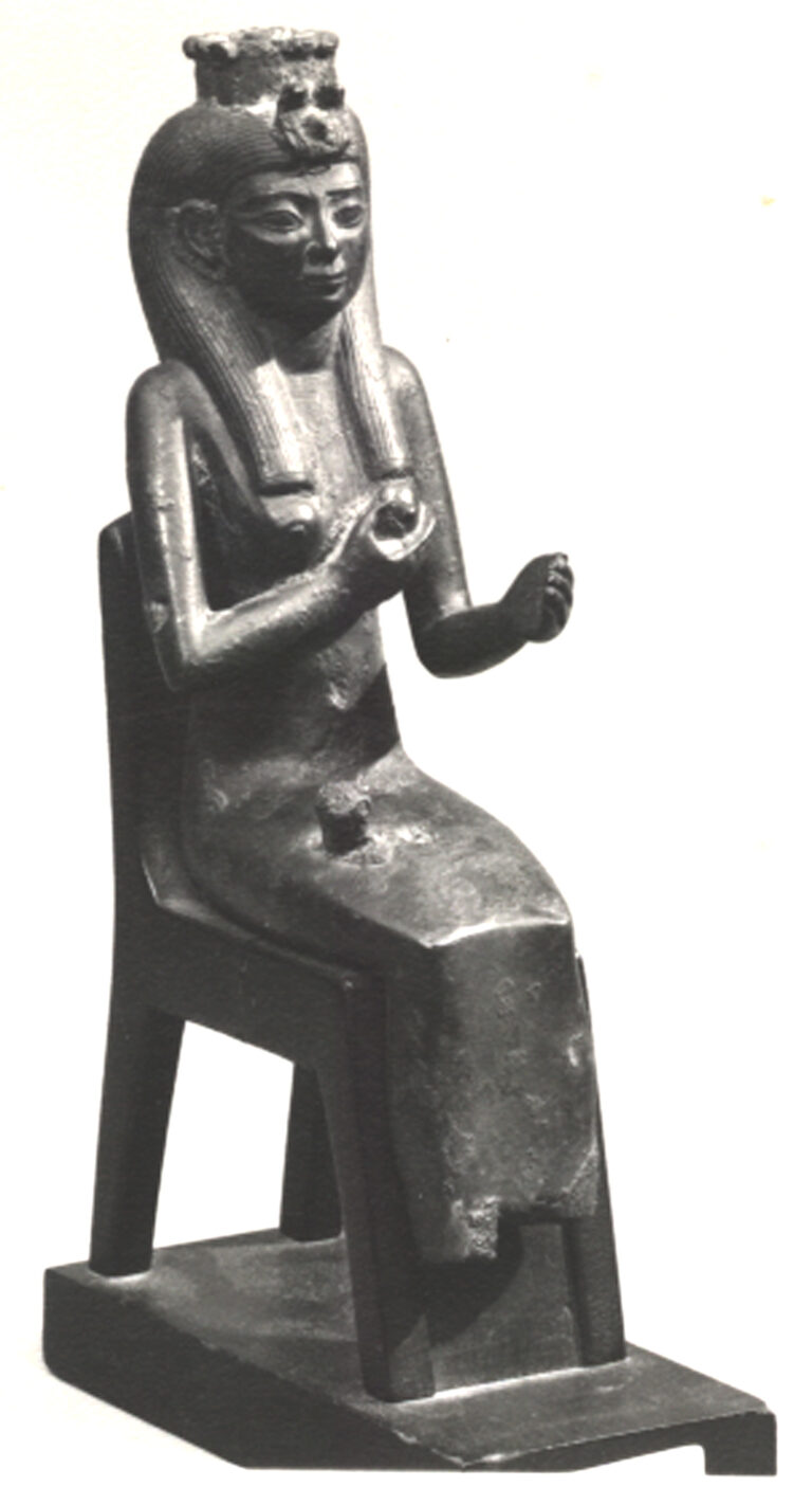 Bronze or copper-alloy statuette of Isis seated on a throne with her hands raised before her.