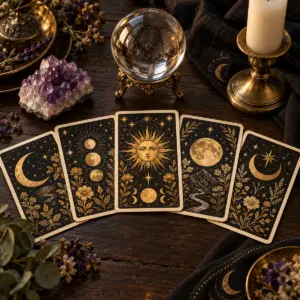 Black and gold moon-themed tarot cards with a crystal ball, amethyst and an unlit candle.
