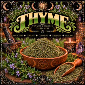 Illustration labelled Thyme, showing dried herbs in a bowl with purple flowers