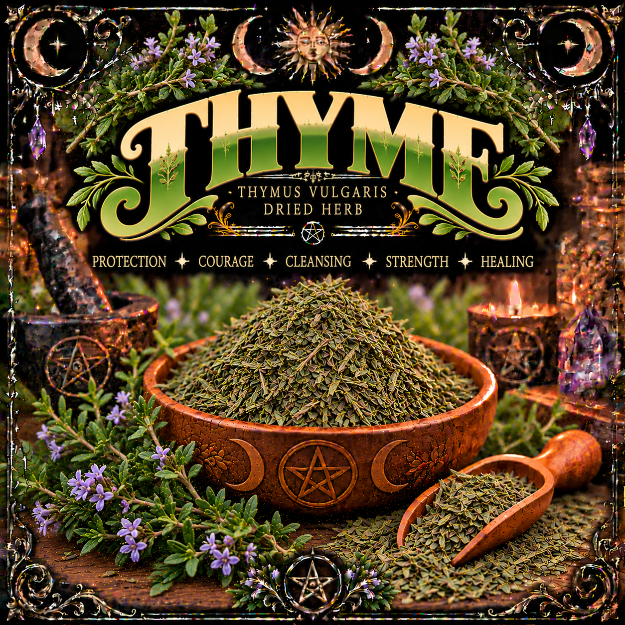 Illustration labelled Thyme, showing dried herbs in a bowl with purple flowers