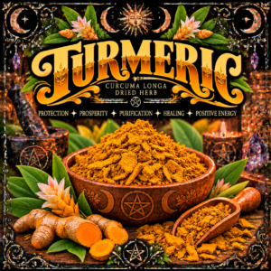 Illustration labelled Turmeric, showing orange dried pieces in a bowl and scoop
