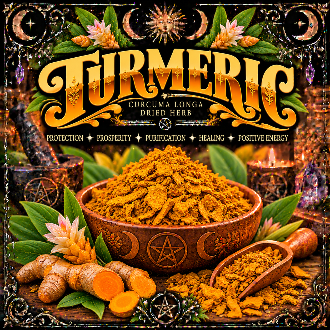 Illustration labelled Turmeric, showing orange dried pieces in a bowl and scoop