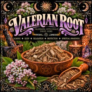 Illustration labelled Valerian Root, showing dried root pieces in a bowl with pink and white flowers