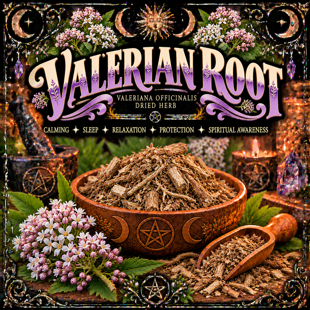 Illustration labelled Valerian Root, showing dried root pieces in a bowl with pink and white flowers