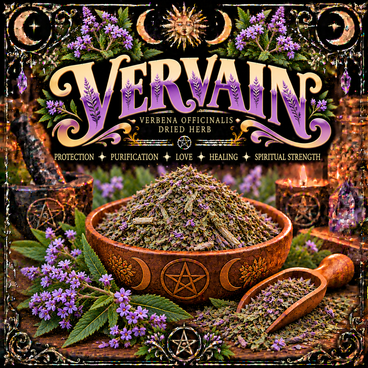 Illustration labelled Vervain, showing dried herbs in a bowl with purple flowers