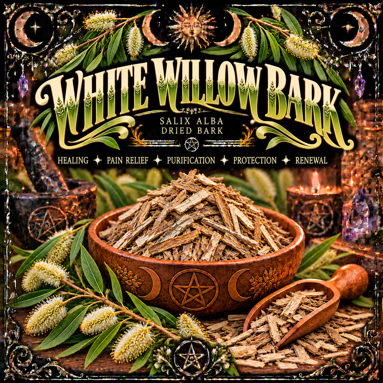 Illustration labelled White Willow Bark, showing dried bark pieces in a bowl and scoop