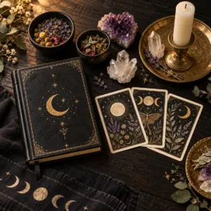 Moon-decorated journal and cards with amethyst, quartz, herbs and an unlit candle on a dark wooden altar.