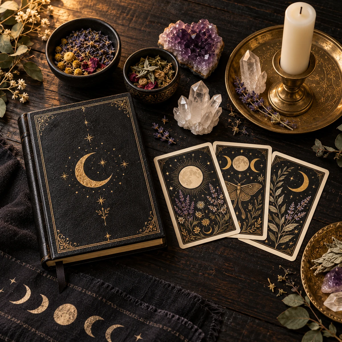 Moon-decorated journal and cards with amethyst, quartz, herbs and an unlit candle on a dark wooden altar.