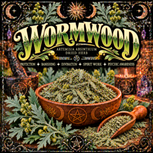 Illustration labelled Wormwood, showing dried herbs in a bowl with leafy stems