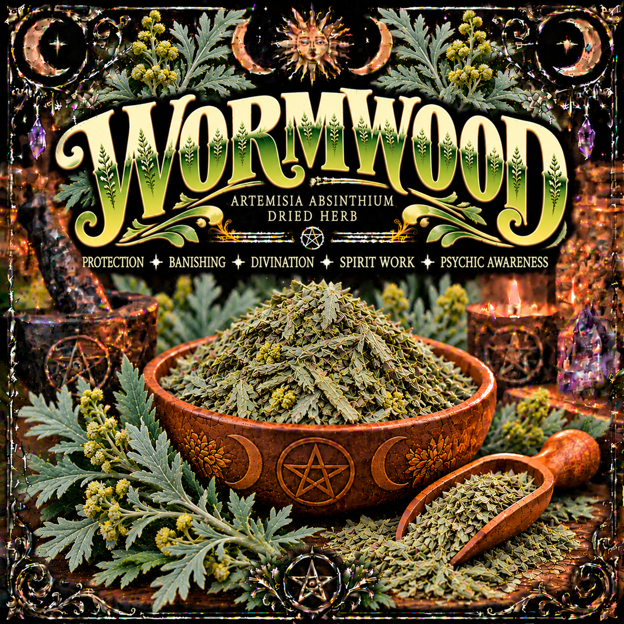 Illustration labelled Wormwood, showing dried herbs in a bowl with leafy stems