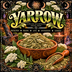 Illustration labelled Yarrow, showing dried herbs in a bowl with white flowers