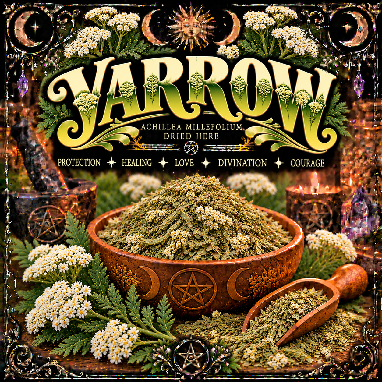 Illustration labelled Yarrow, showing dried herbs in a bowl with white flowers