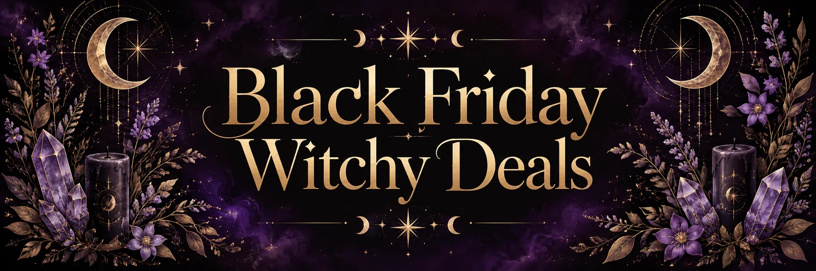 Illustrated Black Friday Witchy Deals banner with gold lettering, crescent moons, crystals and unlit candles on a dark purple background.