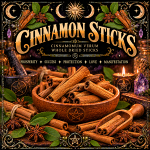 Illustration labelled Cinnamon Sticks, showing rolled sticks in a bowl and scoop