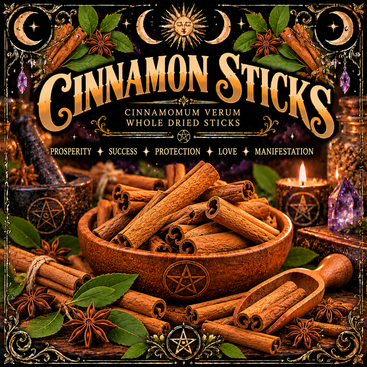 Illustration labelled Cinnamon Sticks, showing rolled sticks in a bowl and scoop