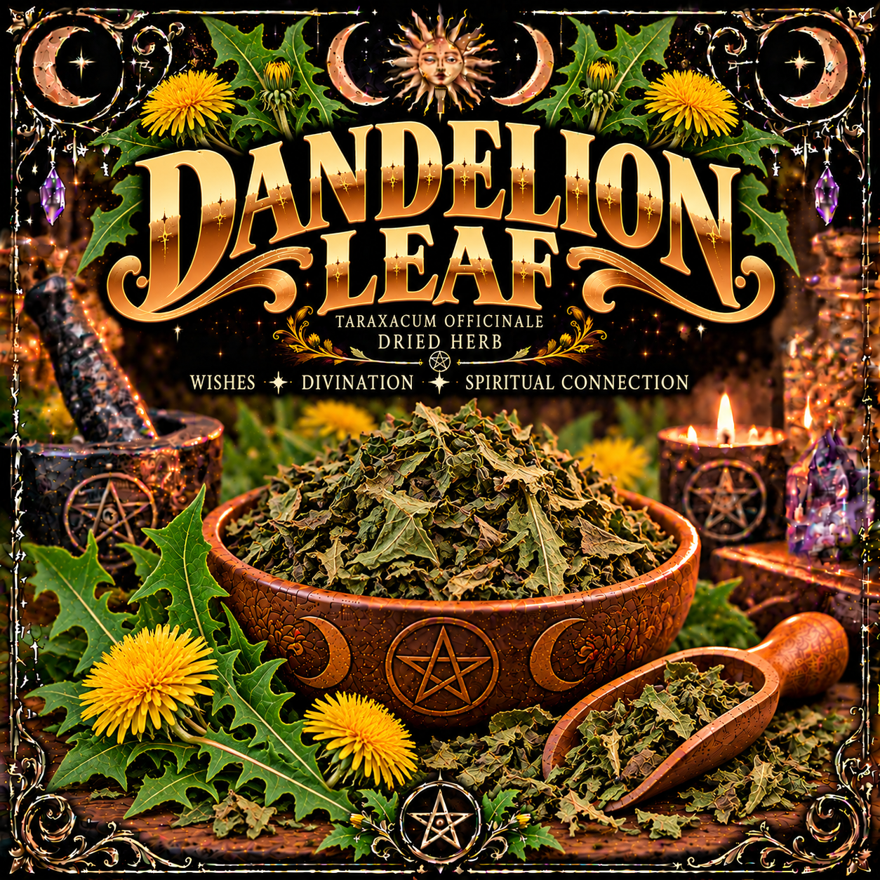 Illustration labelled Dandelion Leaf, showing dried leaves in a wooden bowl with yellow flowers and a celestial border.