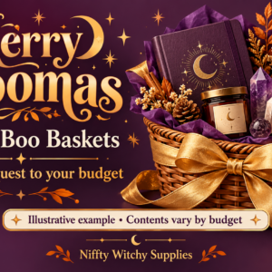 AI-generated example of a purple and gold witchy gift basket. Merry Boomas: made on request to your budget. Illustrative example; contents vary by budget.