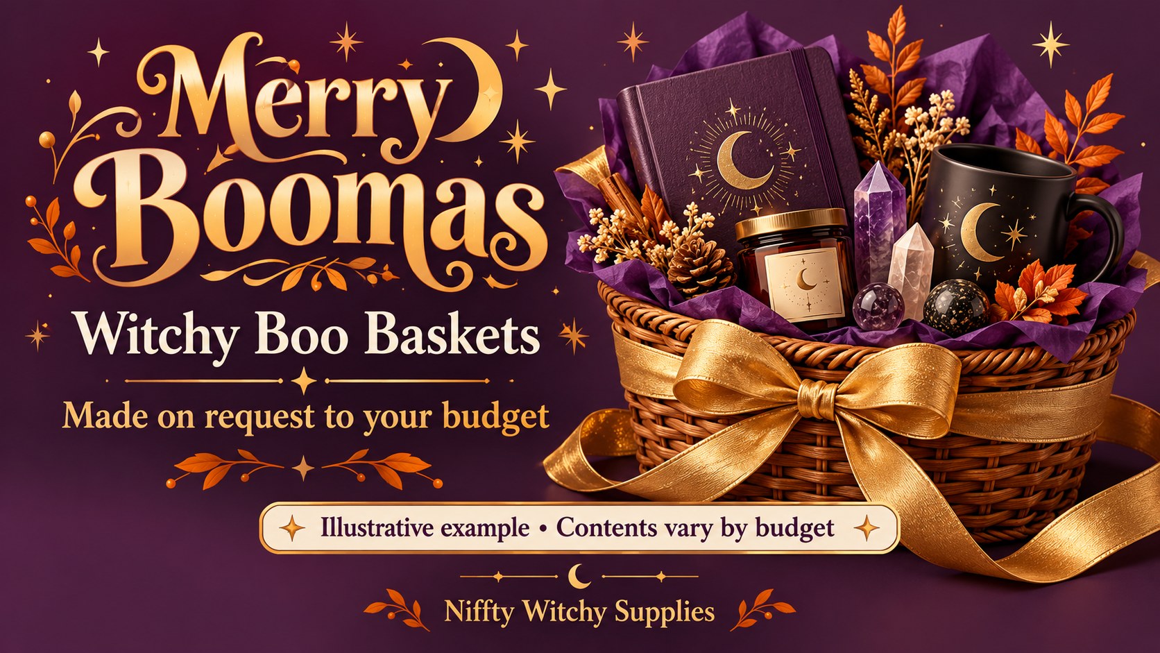 AI-generated example of a purple and gold witchy gift basket. Merry Boomas: made on request to your budget. Illustrative example; contents vary by budget.