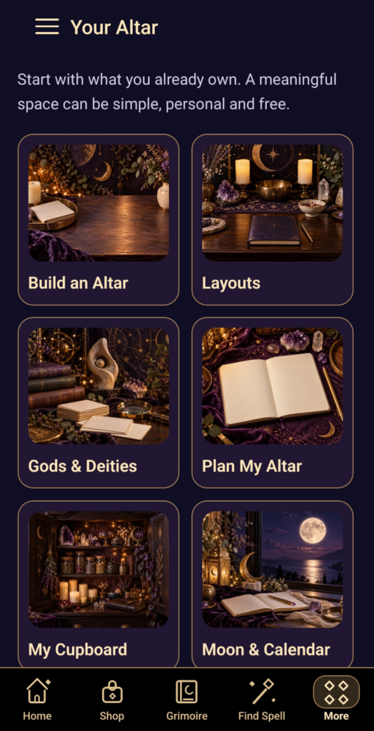 Your Altar screen with Build an Altar, Layouts, Gods & Deities, Plan My Altar, My Cupboard and Moon & Calendar.